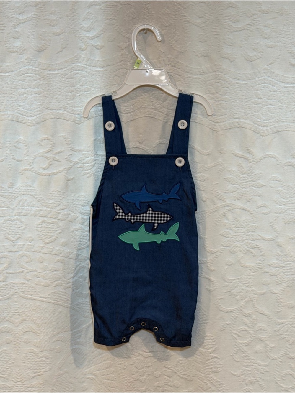 Navy Shark Appliqué Denim Romper